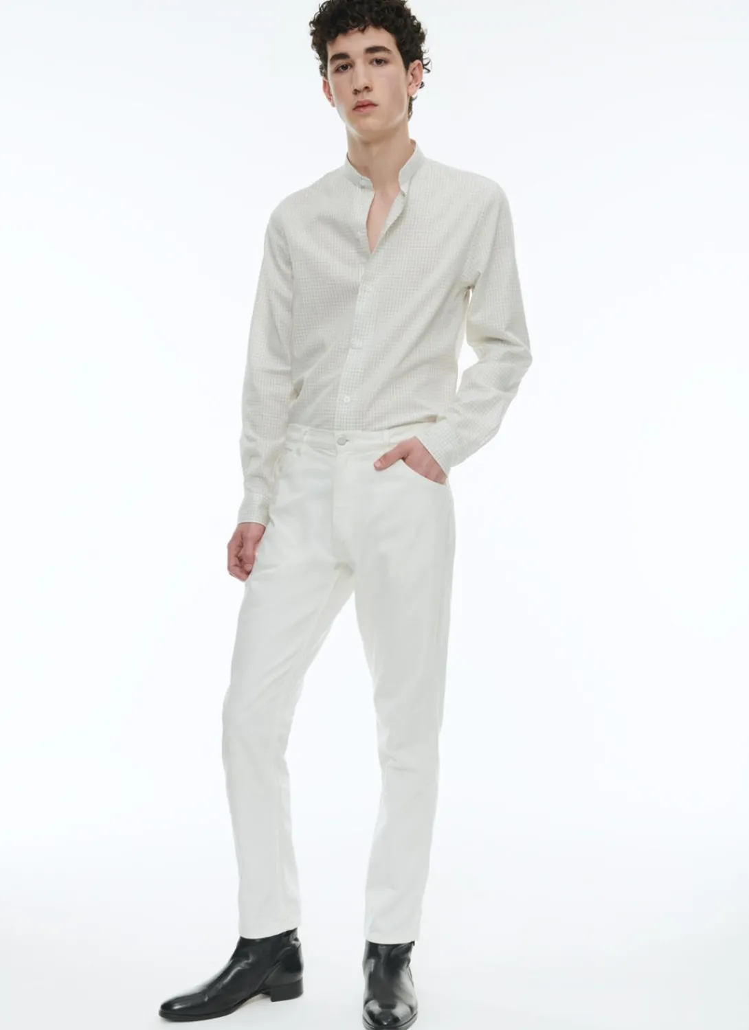 Fursac Brushed Cotton Shirt With Grandad Collar Ecru - Black Checks Best Sale