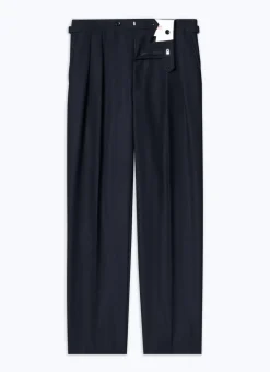 Fursac Certified Wool Pleated Trousers Navy Blue Cheap