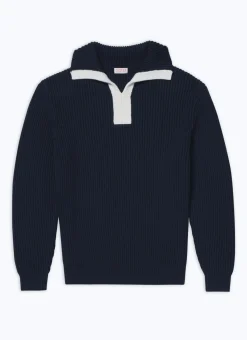 Fursac Cotton And Wool Zip-Neck Sweater Navy Blue - White Collar Best Sale