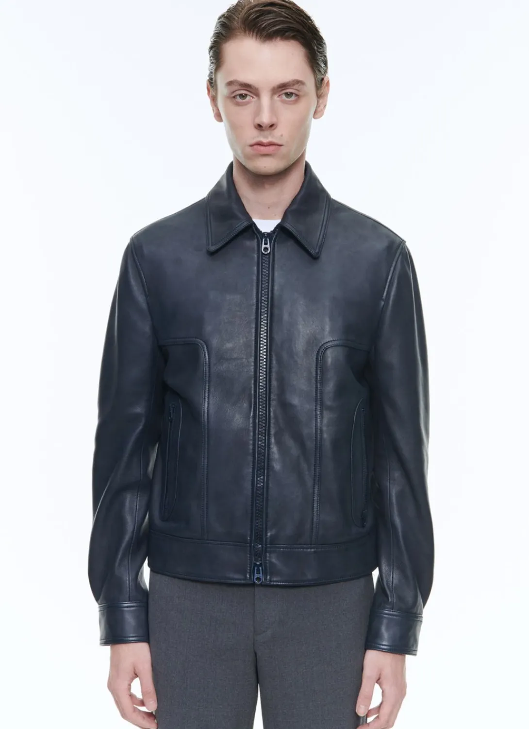 Fursac Lamb Leather Jacket Navy Blue New