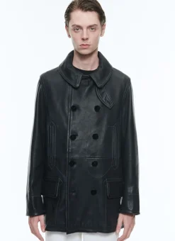 Fursac Leather Peacoat With Topstitching Black Best
