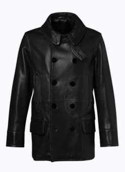 Fursac Leather Peacoat With Topstitching Black Best