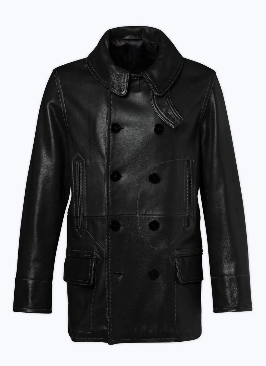 Fursac Leather Peacoat With Topstitching Black Best