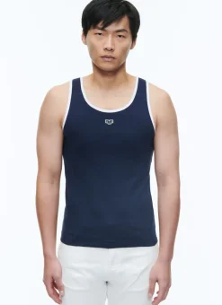 Fursac Organic Cotton Tank Top With Logo Navy Blue - White Hems Fashion