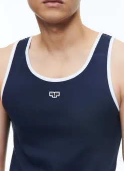 Fursac Organic Cotton Tank Top With Logo Navy Blue - White Hems Fashion