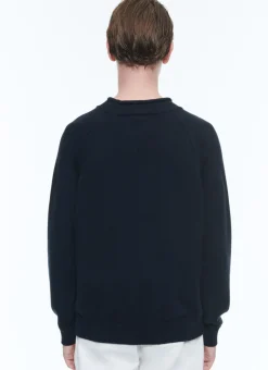 Fursac Rolled Hem Collar Cotton Sweater Navy Blue Store