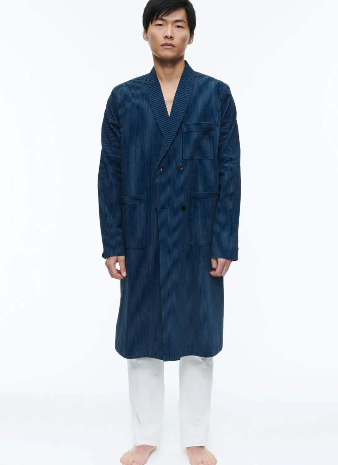Fursac Seersucker Dressing Gown Shirt With Stripes Navy Blue - Navy Blue And Black Stripes Best