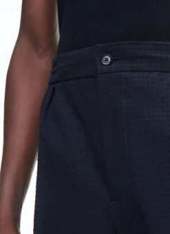 Fursac Seersucker Elasticated Trousers Navy Blue - Tone On Tone Gingham Pattern Discount