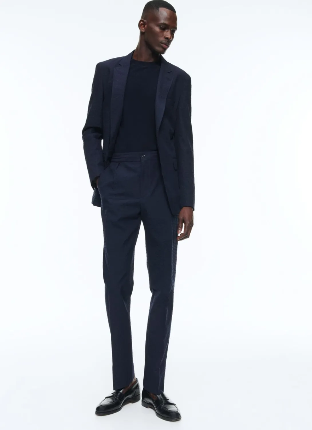 Fursac Seersucker Elasticated Trousers Navy Blue - Tone On Tone Gingham Pattern Discount