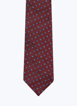 Fursac Silk Satin Tie With Flowers Pattern Burgundy - Flower Pattern Fashion