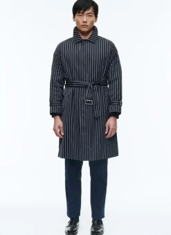 Fursac Striped Serge Long Coat With Belt Navy Blue - Vertical Contrasted Stripes Clearance
