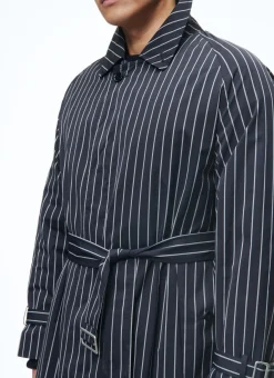 Fursac Striped Serge Long Coat With Belt Navy Blue - Vertical Contrasted Stripes Clearance