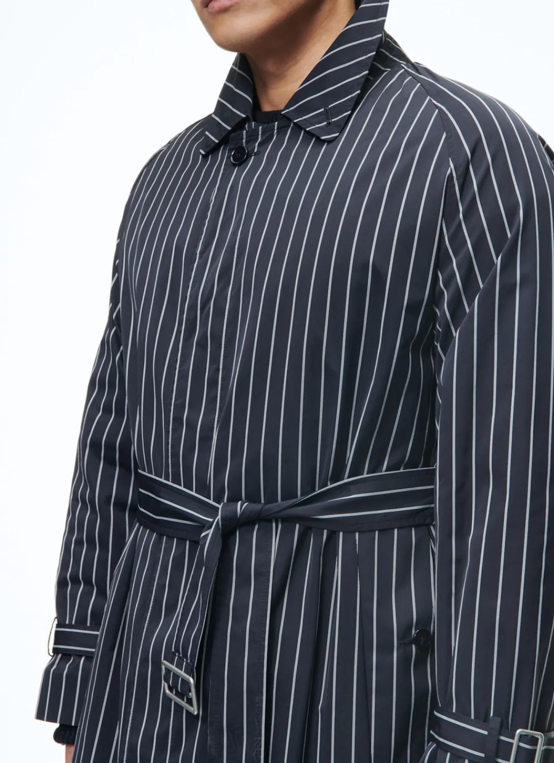 Fursac Striped Serge Long Coat With Belt Navy Blue - Vertical Contrasted Stripes Clearance