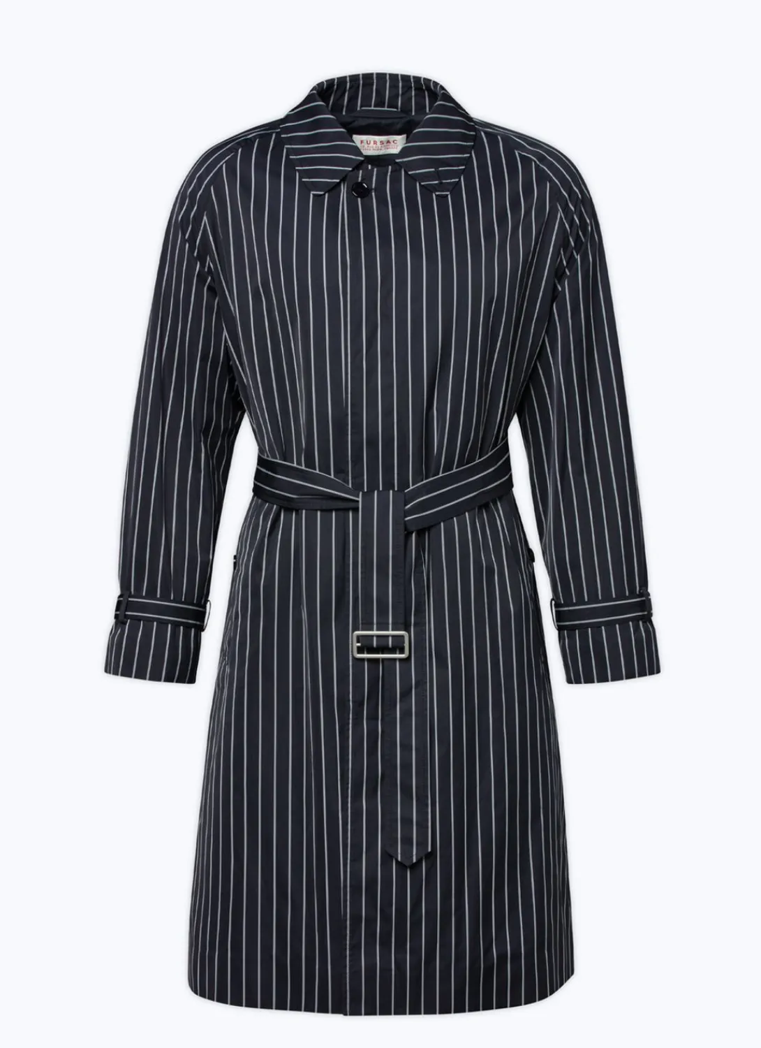 Fursac Striped Serge Long Coat With Belt Navy Blue - Vertical Contrasted Stripes Clearance