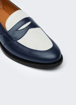 Fursac Two-Tone Leather And Linen Loafers Blue And Beige Cheap