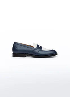 Fursac Two-Tone Leather And Linen Loafers Blue And Beige Cheap