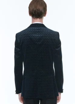 Fursac Velvet Shawl Collar Tuxedo Jacket Carbon Blue - Peacock Feather Pattern Best