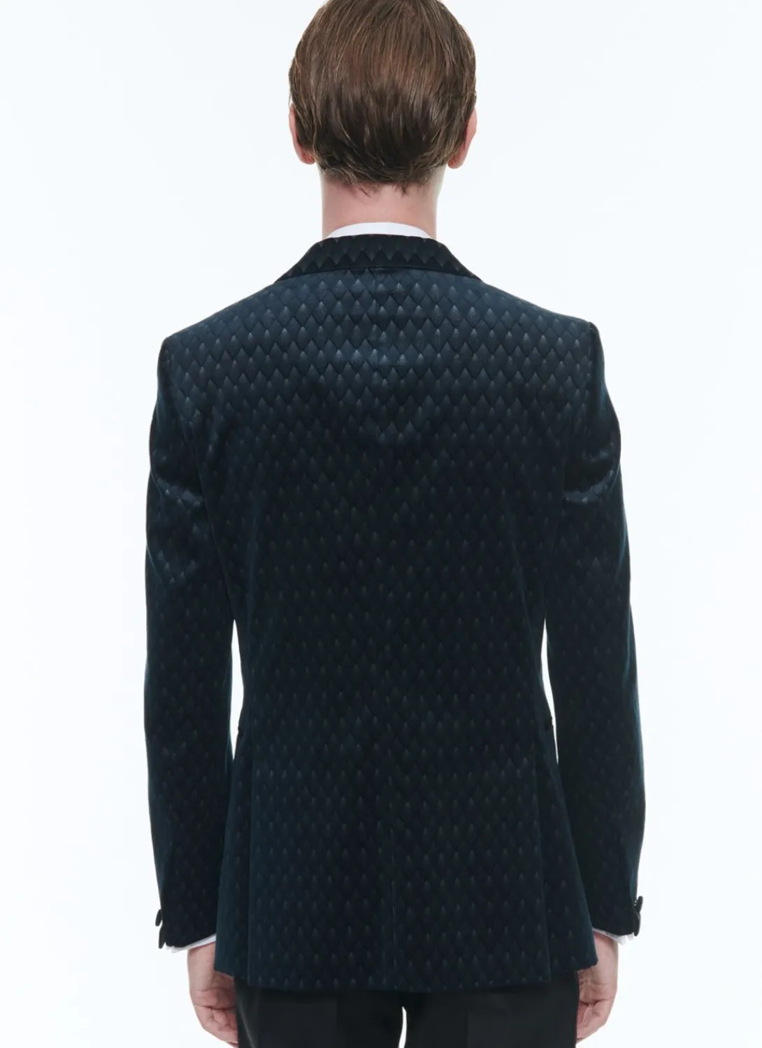 Fursac Velvet Shawl Collar Tuxedo Jacket Carbon Blue - Peacock Feather Pattern Best
