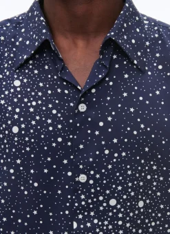 Fursac Viscose Shirt With Swallow Collar Navy Blue - Stars Print Cheap