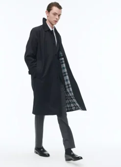 Fursac Wool Coat With Shirt Collar Navy Blue - Tartan Lining Best Sale