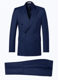 Fursac Wool Double-Breasted Striped Suit Blue - Tone On Tone Large Stripes Fashion