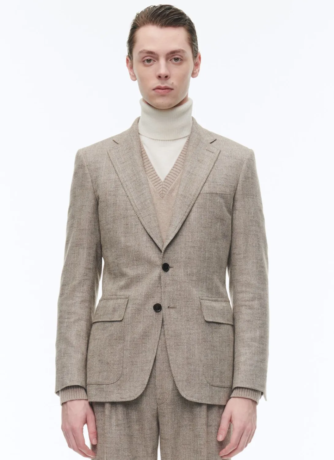 Fursac Wool Fitted Jacket With Herringbone String-Like Beige - Herringbone Pattern Sale