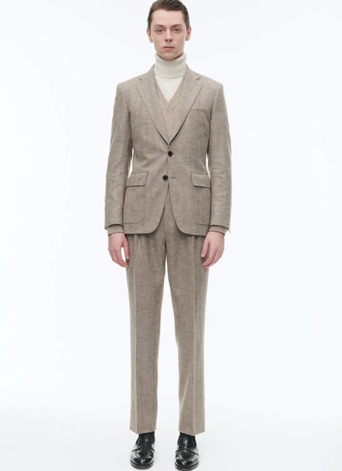 Fursac Wool Fitted Suit With Herringbone String-Like Beige - Herringbone Pattern Best Sale