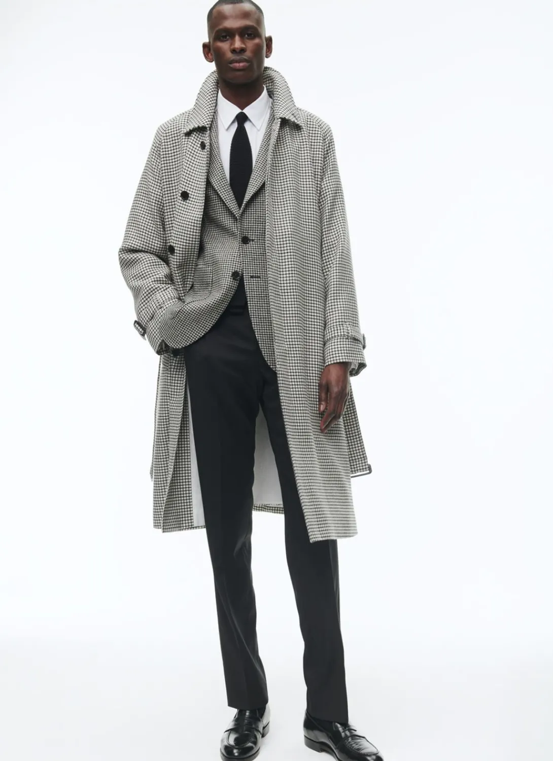 Fursac Wool Long Coat With Belt Ecru - Black Checks Flash Sale