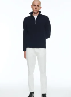 Fursac Wool Ribbed Sweater With Zipped-Rollneck Navy Blue Best Sale