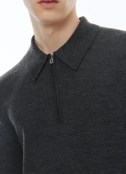 Fursac Wool Zipped Collar Polo Sweater Dark Flecked Grey Fashion